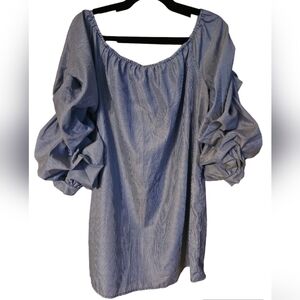 Bleuh Ciel Blue and White Pinstriped Dress Balloon Sleeves Large